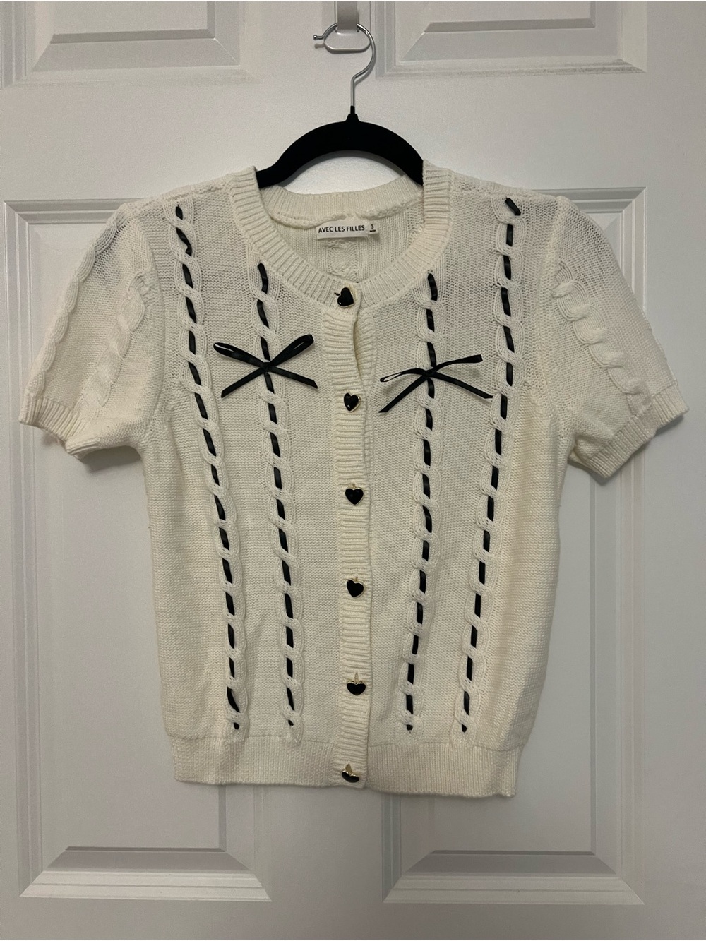 Avec Les Filles Short-Sleeve Knit Cardigan with Black Ribbon Detail